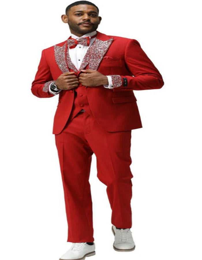 Red Rhinestone sequin Lapel Prom Tuxedo with Vest
