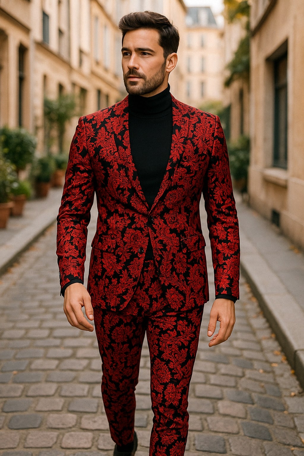 Red and Black Floral Brocade Slim Tuxedo