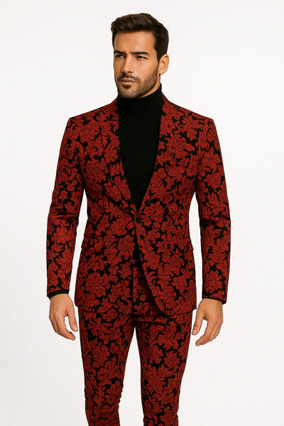 Red and Black Floral Brocade Slim Tuxedo