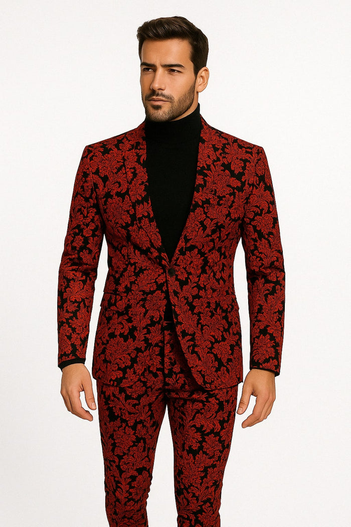 Red and Black Floral Brocade Slim Tuxedo
