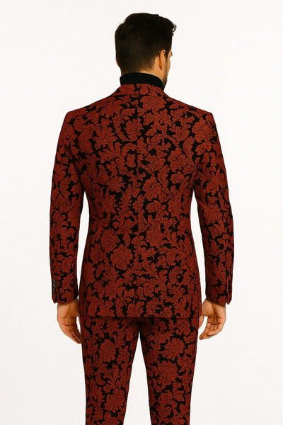 Red and Black Floral Brocade Slim Tuxedo