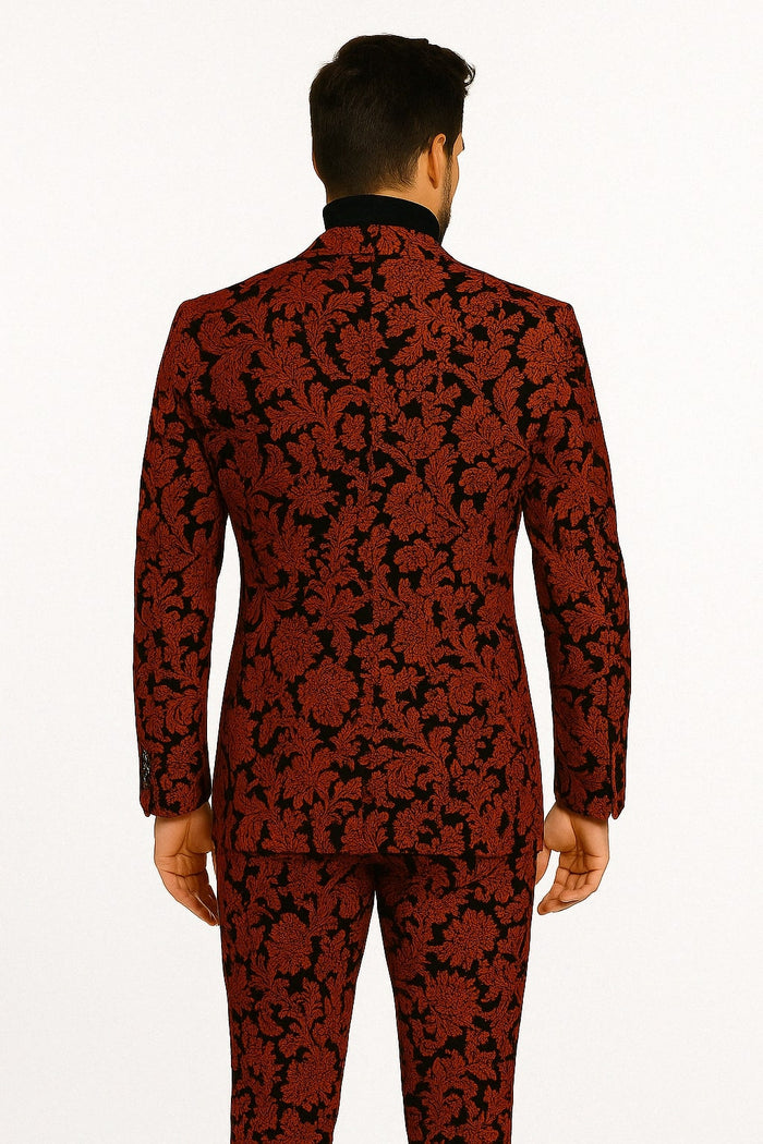 Red and Black Floral Brocade Slim Tuxedo