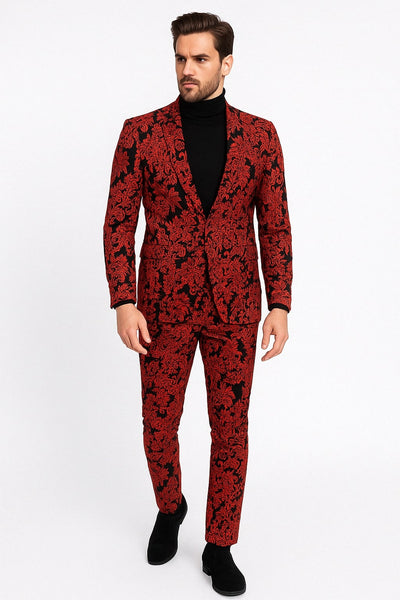 Slim Fit Red & Black Floral Tuxedo Suit, 2 Piece
