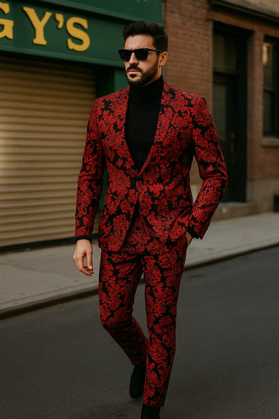 Slim Fit Red & Black Floral Tuxedo Suit, 2 Piece