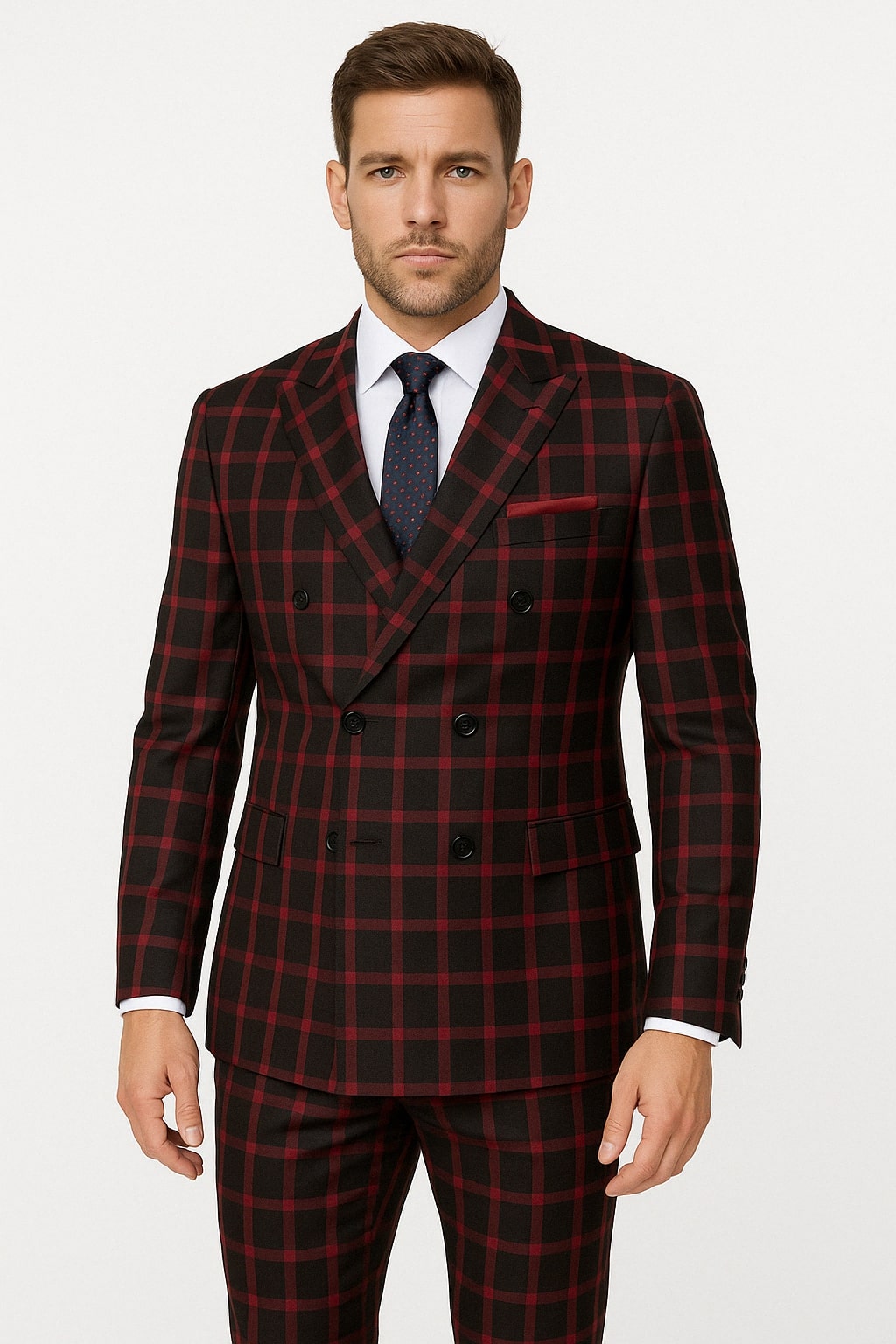 Men’s Red & Black Double-Breasted Plaid Suit