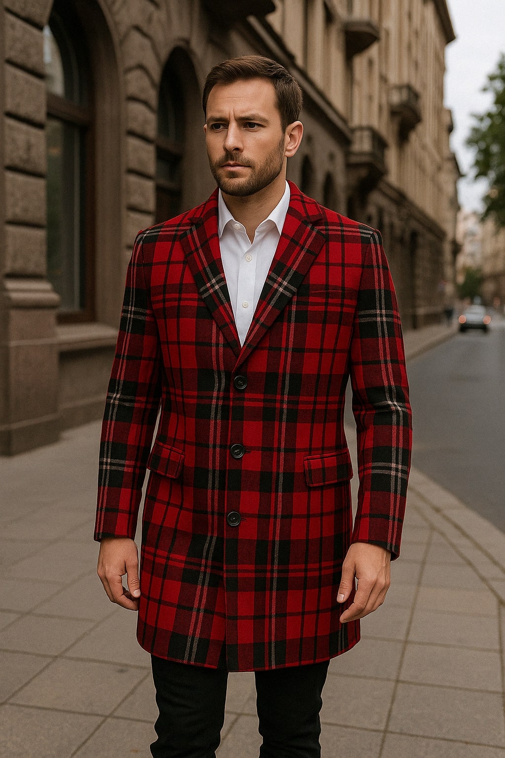 Men’s Plaid Wool Overcoat with Notch Lapel
