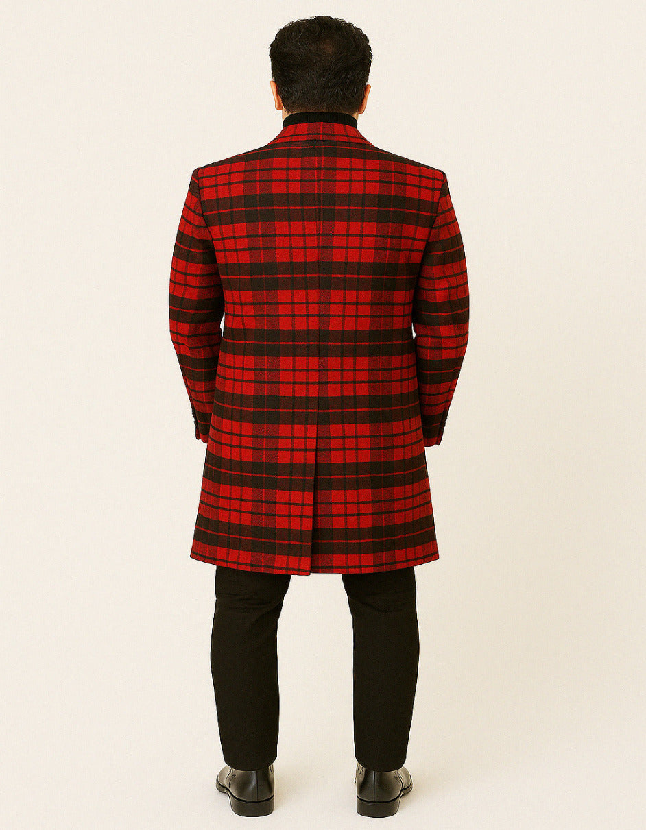 Red & Black Plaid Wool Three-Quarter Carcoat