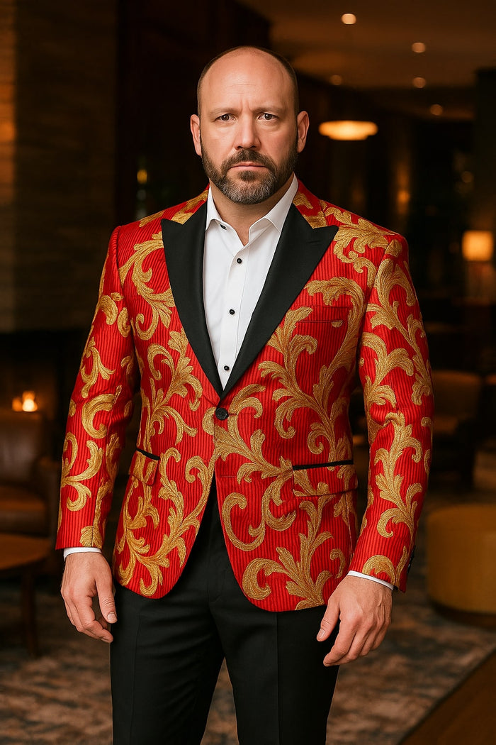 Baroque Red & Gold Embroidered Tuxedo Blazer