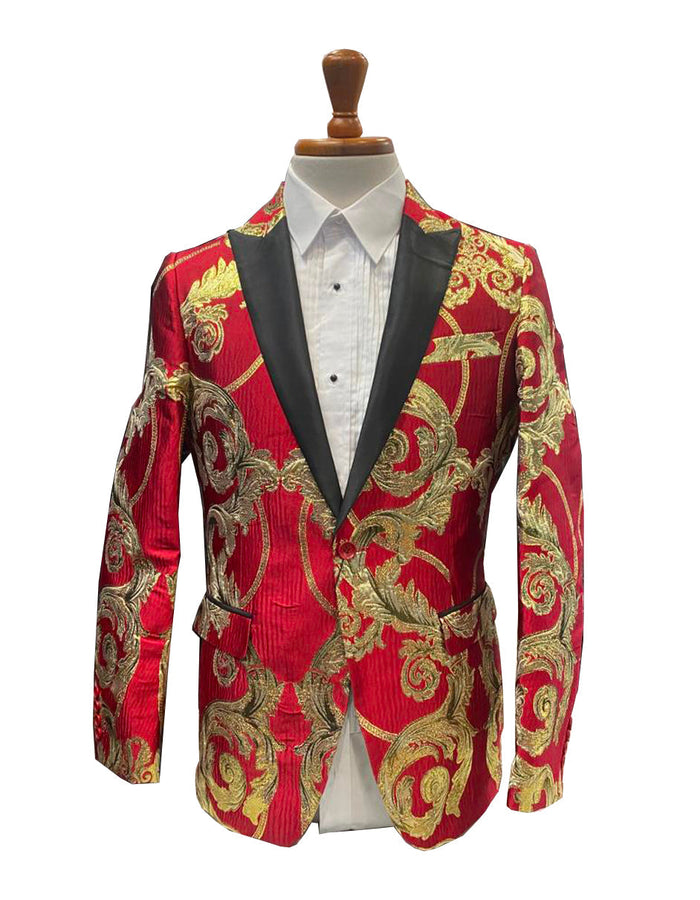 Baroque Red & Gold Embroidered Tuxedo Blazer