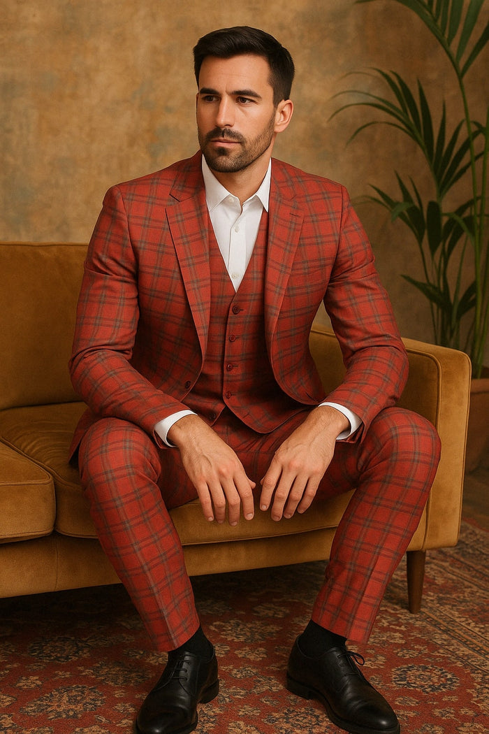 Red Tartan Plaid Slim 3-Piece Suit with Vest