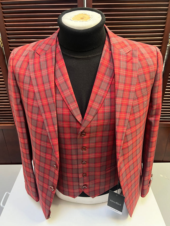 Red Tartan Plaid Slim 3-Piece Suit with Vest