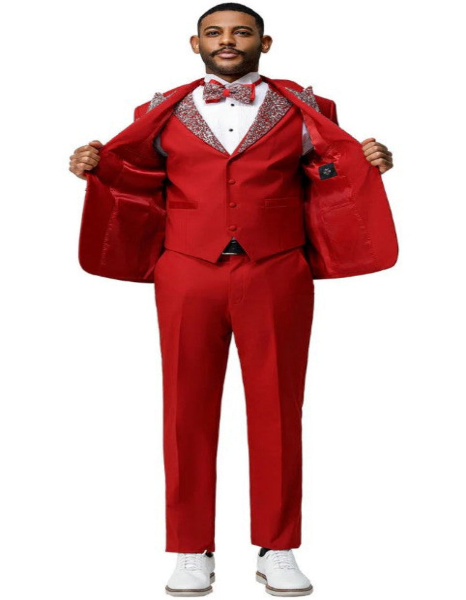 Red and Silver Vested Prom Tuxedo with Rhinestone Lapel