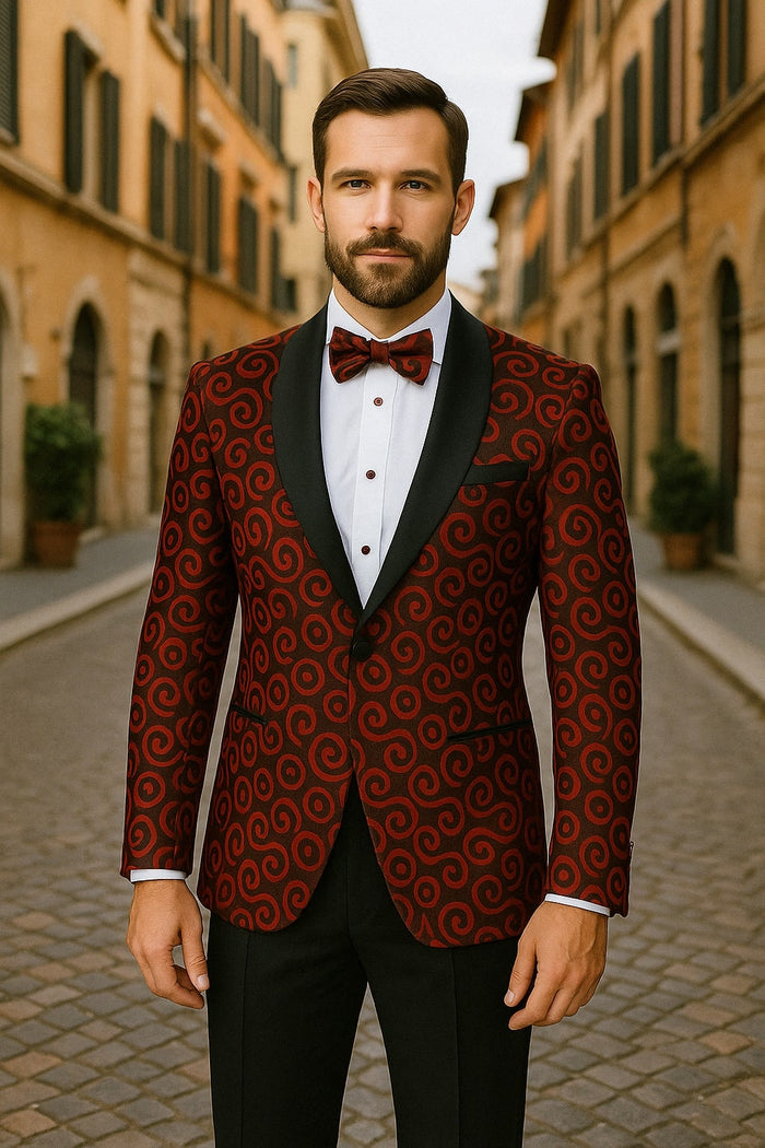 Red and Tuxedo Black Satin Shawl Blazer
