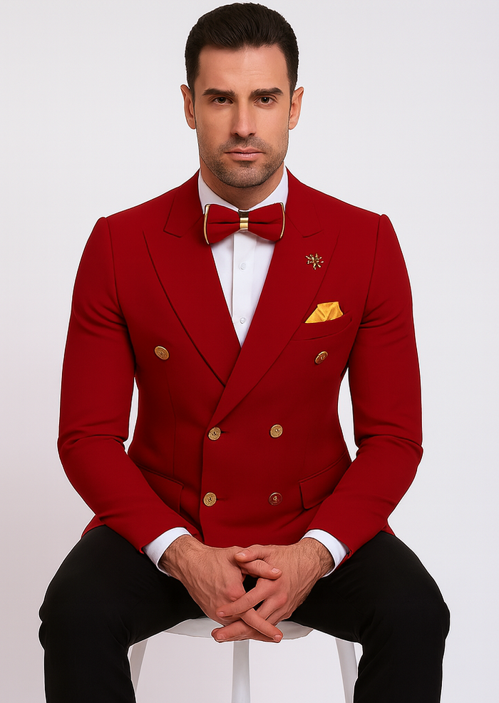 Red Double Breasted Sport Coat - Velvet Blazer
