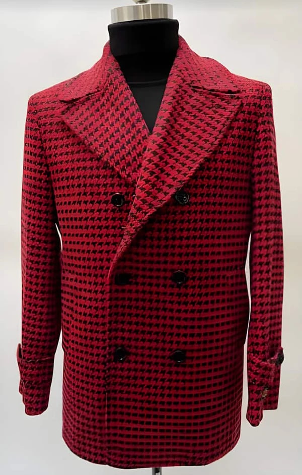 Mens Plaid Overcoat - Houndstooth Checker Red