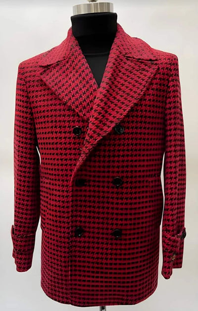 Mens Plaid Overcoat - Houndstooth Checker Red