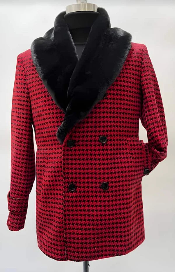 Mens Plaid Overcoat - Houndstooth Checker Red Topcoat