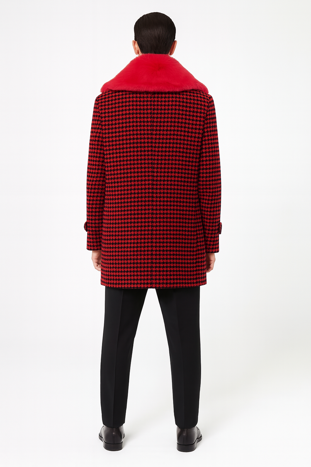 Men’s Red and Black Houndstooth Overcoat with Faux Fur Shawl Collar – Luxury Double-Breasted Winter Coat