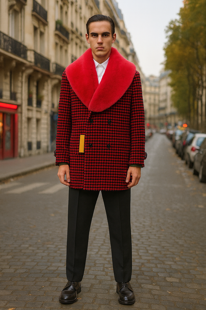 Men’s Red and Black Houndstooth Overcoat with Faux Fur Shawl Collar – Luxury Double-Breasted Winter Coat