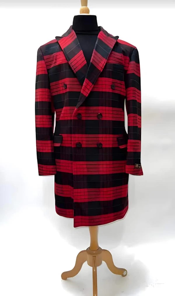 Men's Red and Black Plaid Wool Peacoat