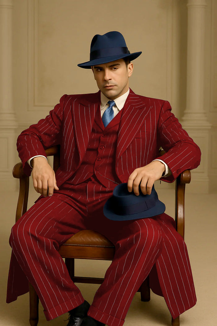 Men's Red Pinstripe Long Coat Suit