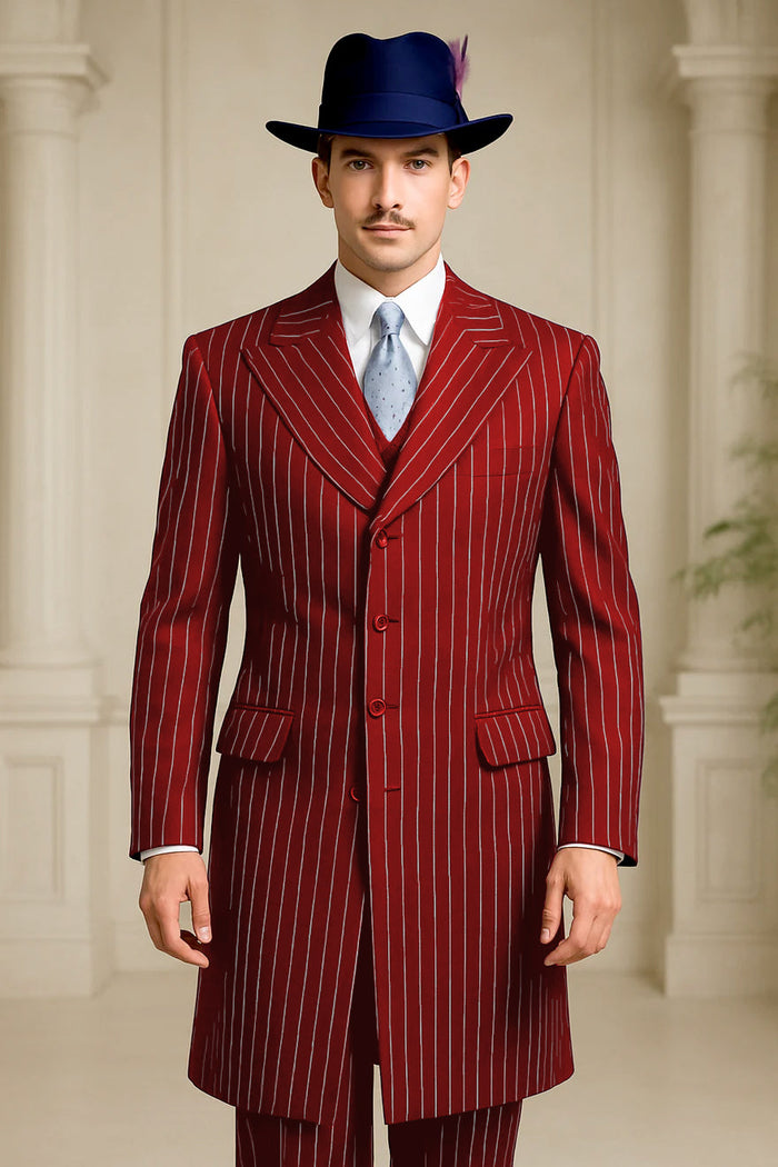 Men's Red Pinstripe Long Coat Suit