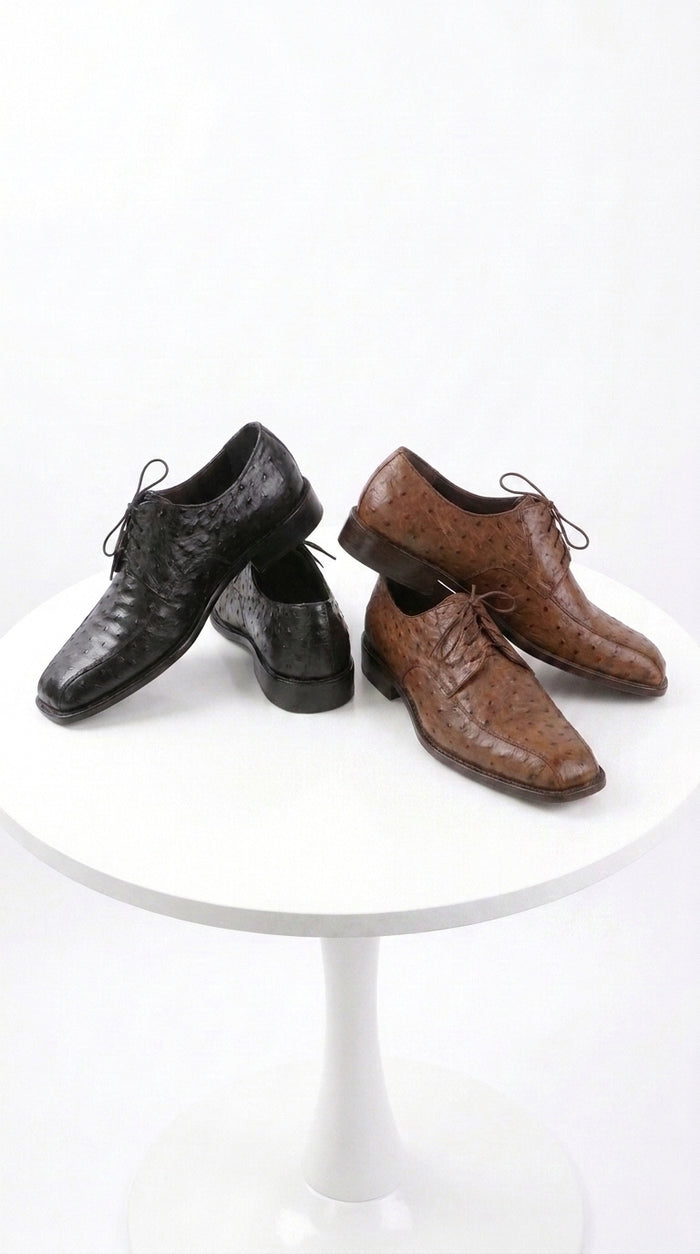 Men’s Exotic Ostrich Oxford Dress Shoes, Black and Brown Lace-Up Ostrich Skin Formal Shoes