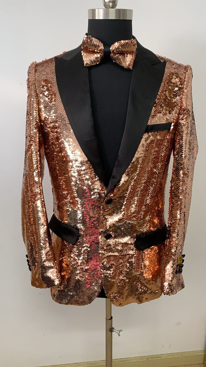 Rose Gold Sequin Tuxedo Jacket with Satin Lapel