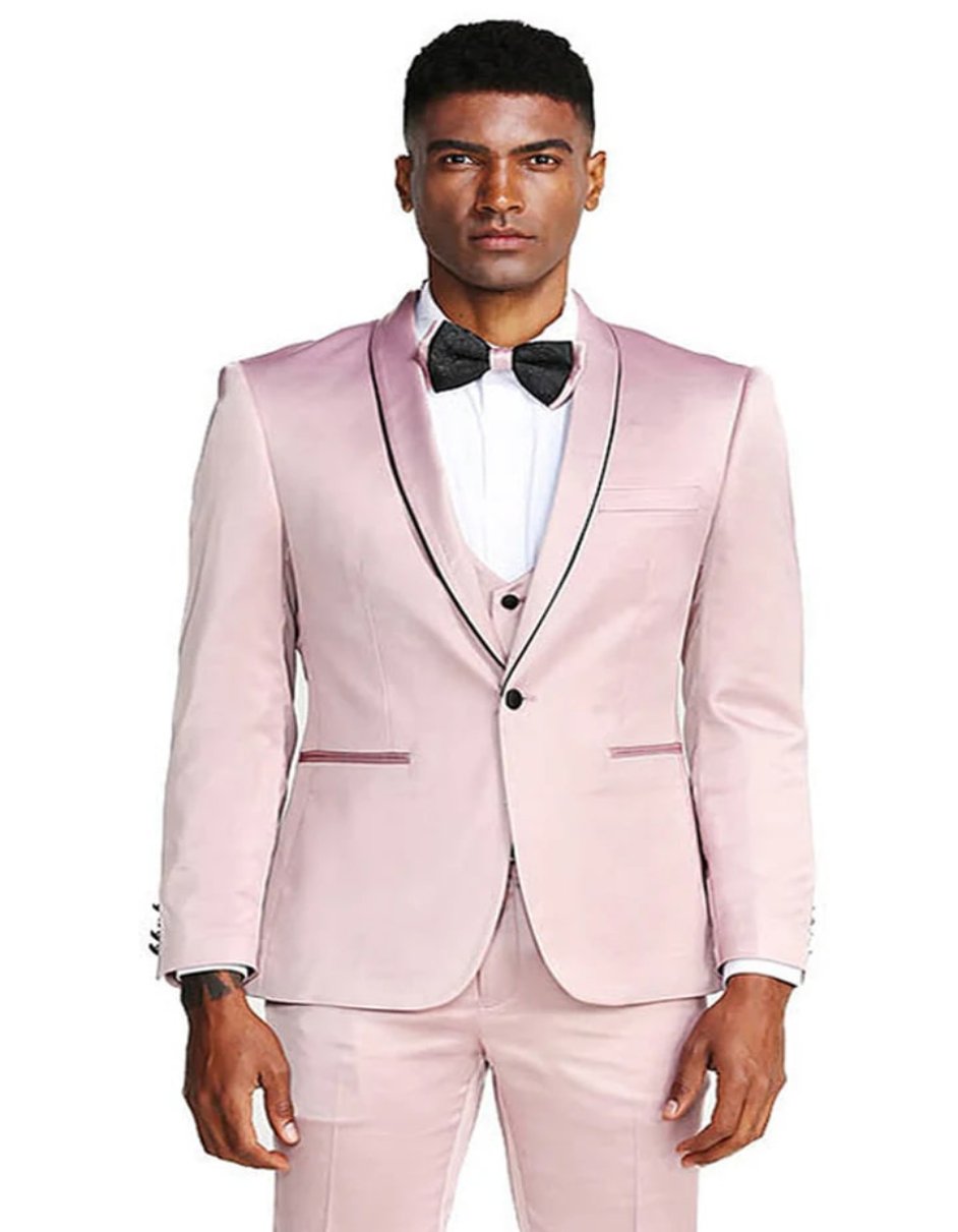 Slim Fit Rose Pink Satin Tuxedo with Vest