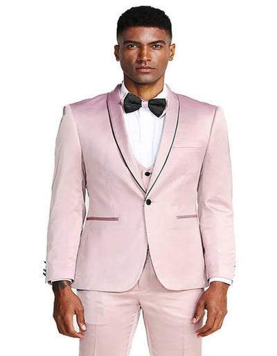 Slim Fit Rose Pink Satin Tuxedo with Vest