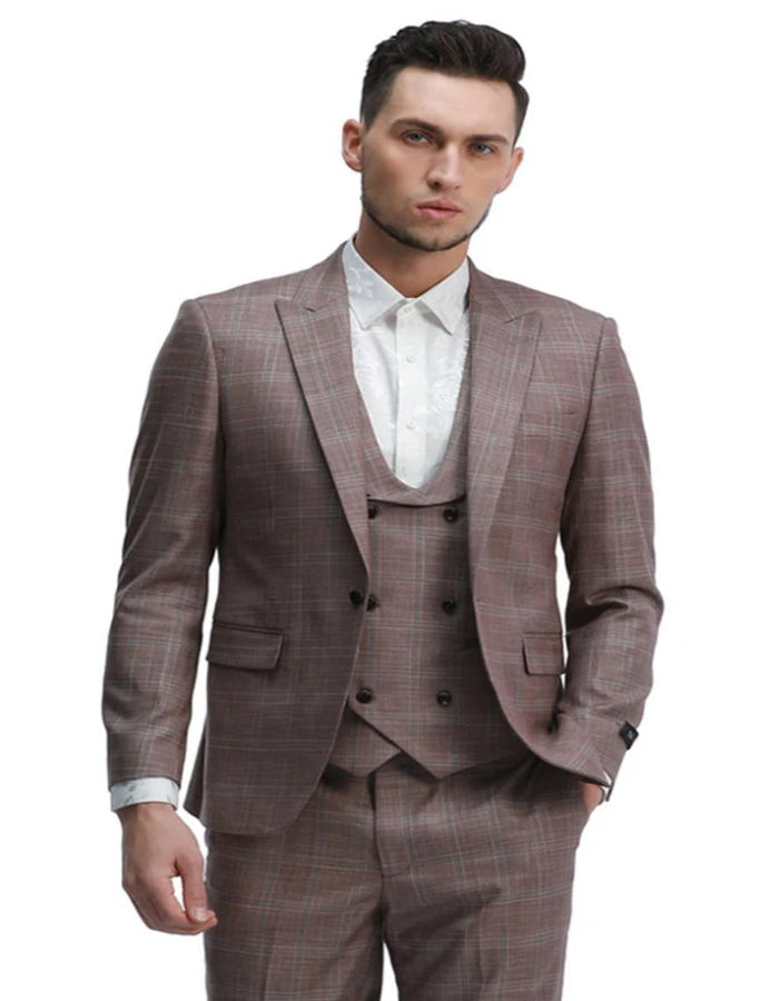 Rose Pink Slim Double Breasted Plaid Suit