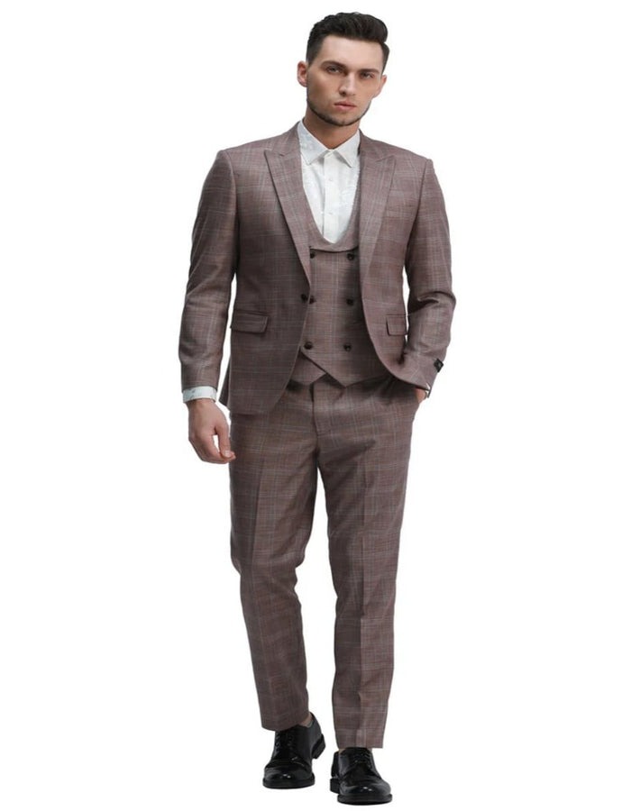 Rose Pink Slim Double Breasted Plaid Suit