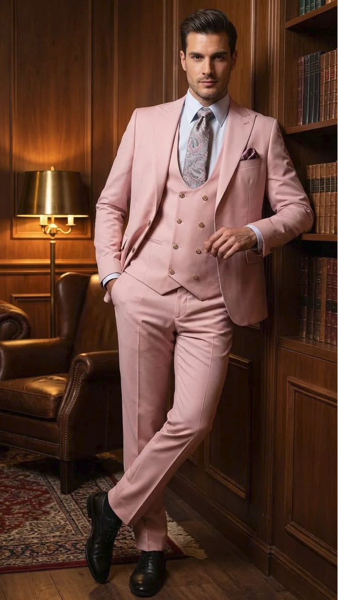 Rossiman Slim Fit Pink Suit with Vest & Pants