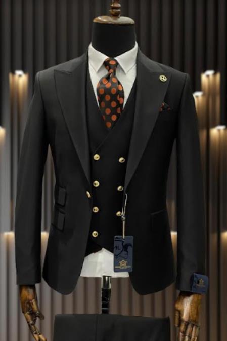 Rossiman Black Peak Lapel Suit, Double Breasted Vest