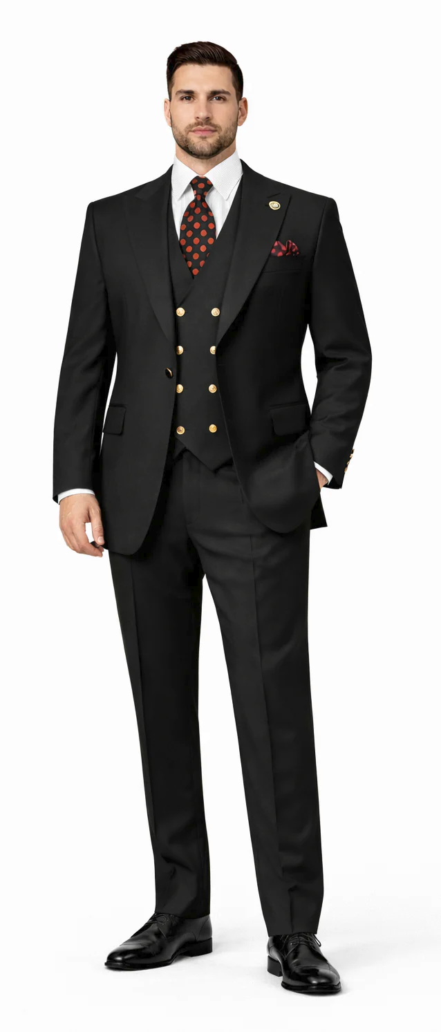 Rossiman Black Peak Lapel Suit, Double Breasted Vest
