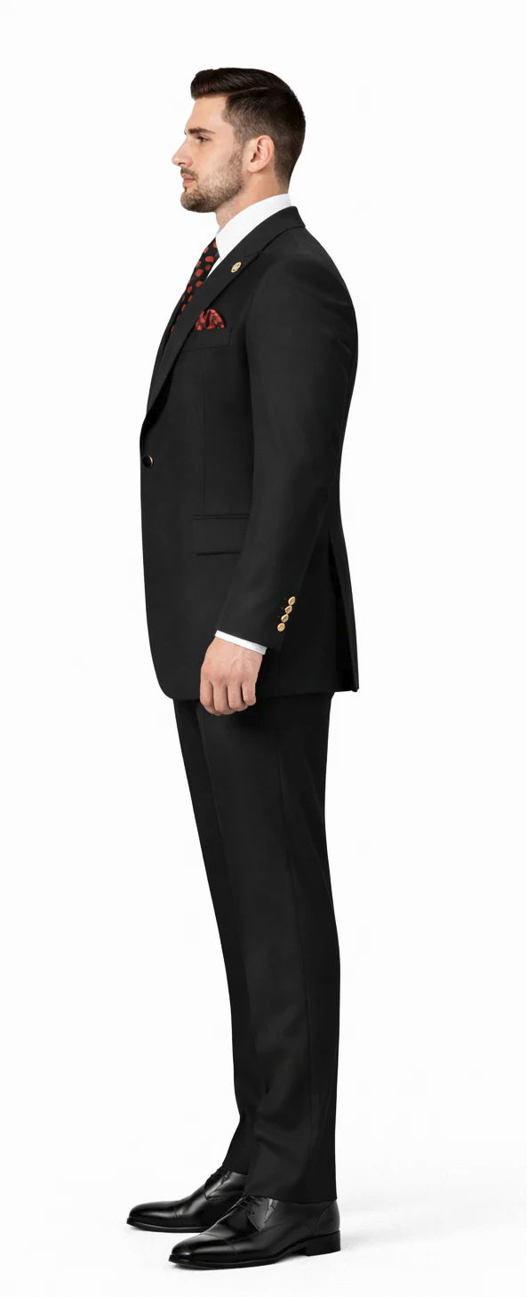Rossiman Black Peak Lapel Suit, Double Breasted Vest
