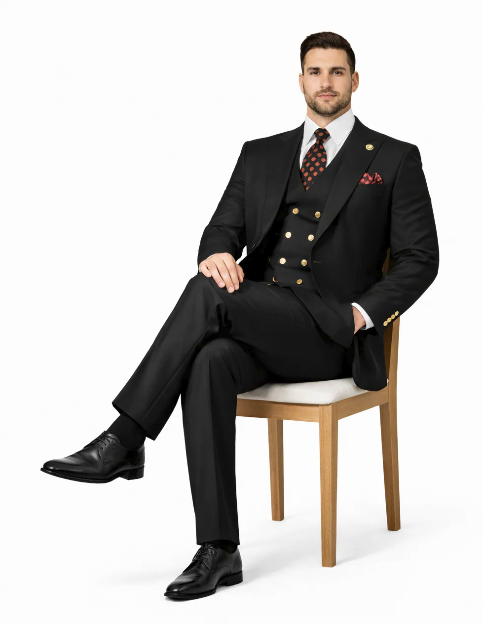 Rossiman Black 1 Button Suit with Peak Lapel