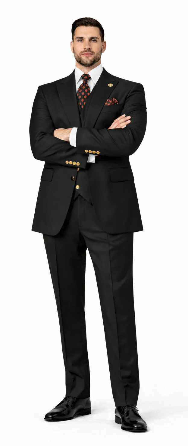 Rossiman Black Peak Lapel Suit, Double Breasted Vest