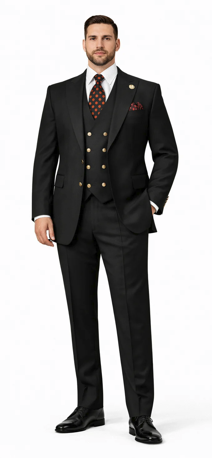 Rossiman Black 1 Button Suit with Peak Lapel