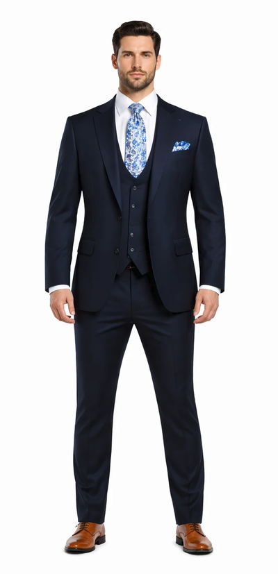 Rossiman Blue Slim-Fit Vested Suit for Men