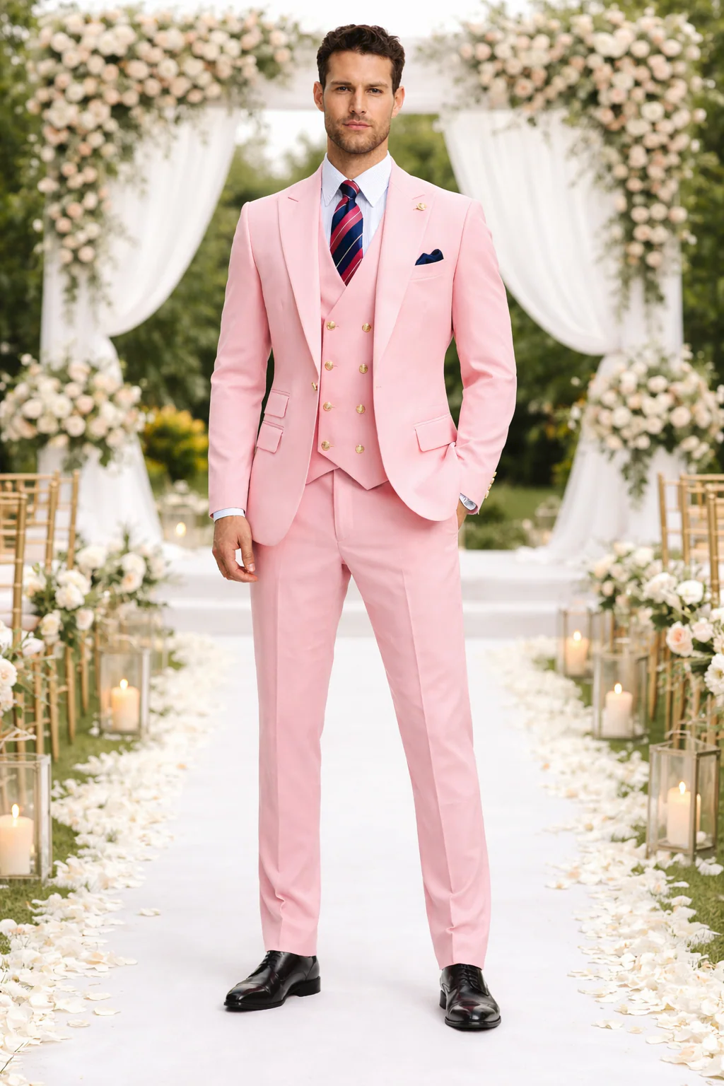 Rossiman Men’s Pink Suit | 1-Button Peak Lapel Jacket & Double-Breasted Vest – Italian Tailored 3-Piece Luxury Suit