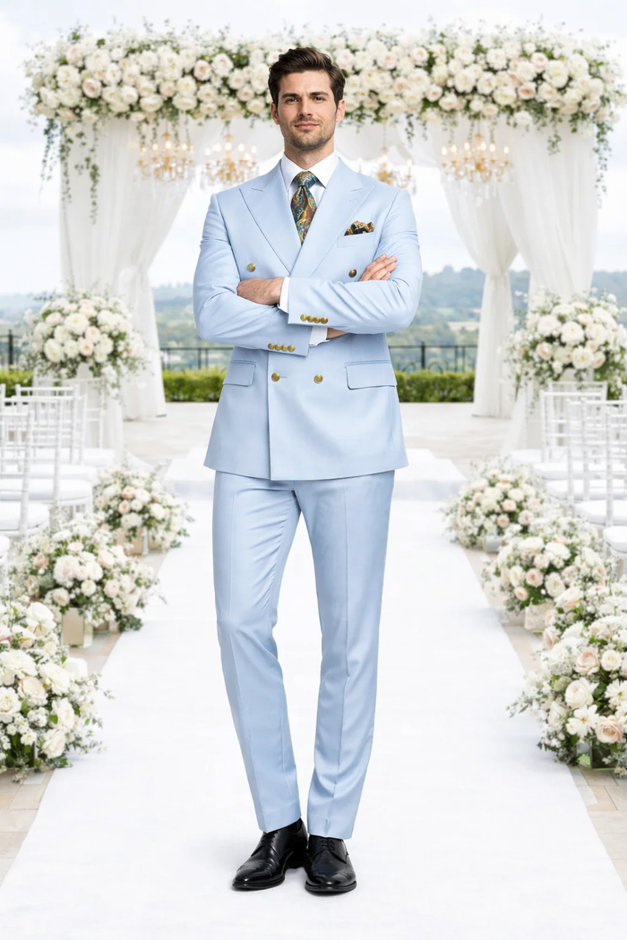 Rossiman Light Blue Double Breasted Men's Suit