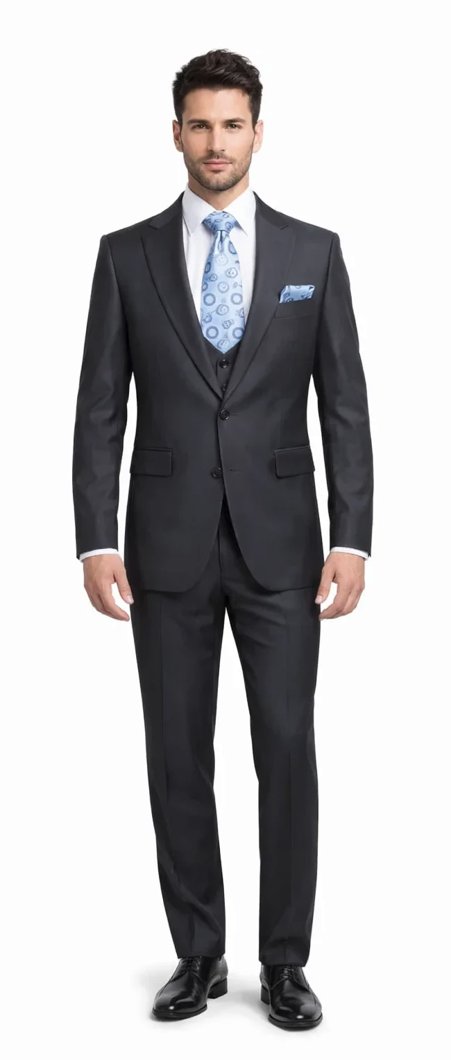 Rossiman Men’s Dark Gray Slim Fit Suit | 3-Piece Vested Set with Flat Front Pants – Italian Tailored Modern Elegance