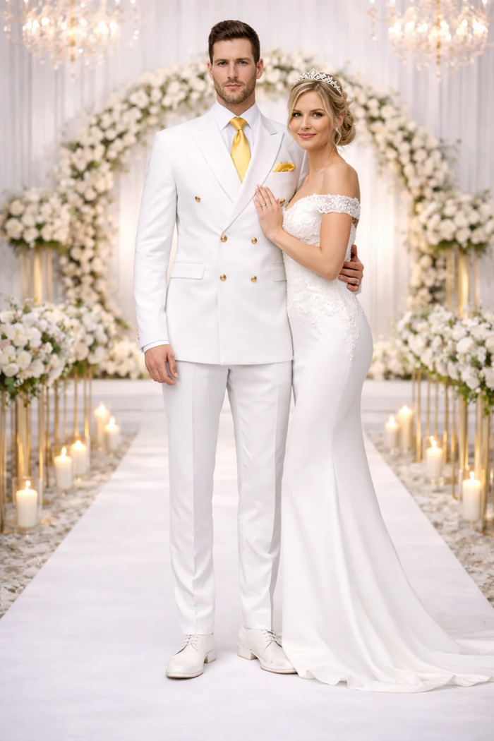 Rossiman White Double-Breasted Slim Suit 3-Piece