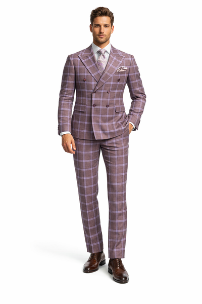 Rossiman Gray & Lavender Double-Breasted Plaid Suit