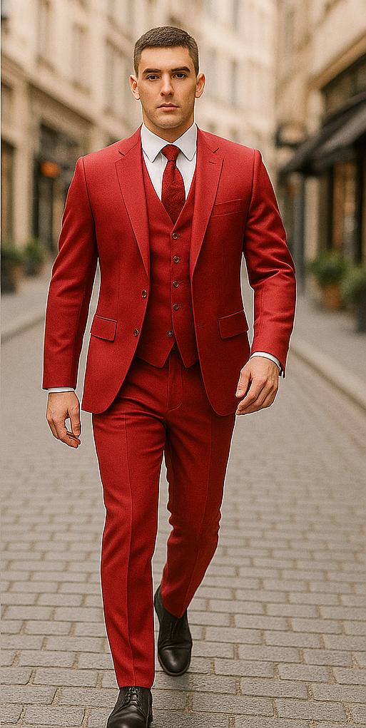 Rossiman Men's Red Suit 1-Button Peak Lapel Jacket & Vest