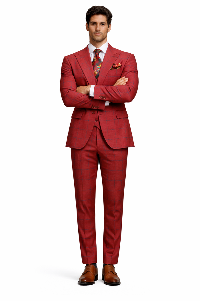 Rossiman Red & Blue Windowpane Double-Breasted Suit