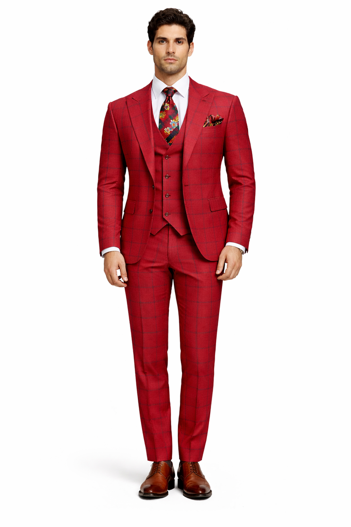 Rossiman Men’s Red & Blue Plaid Double-Breasted Suit – Two-Piece Formalwear
