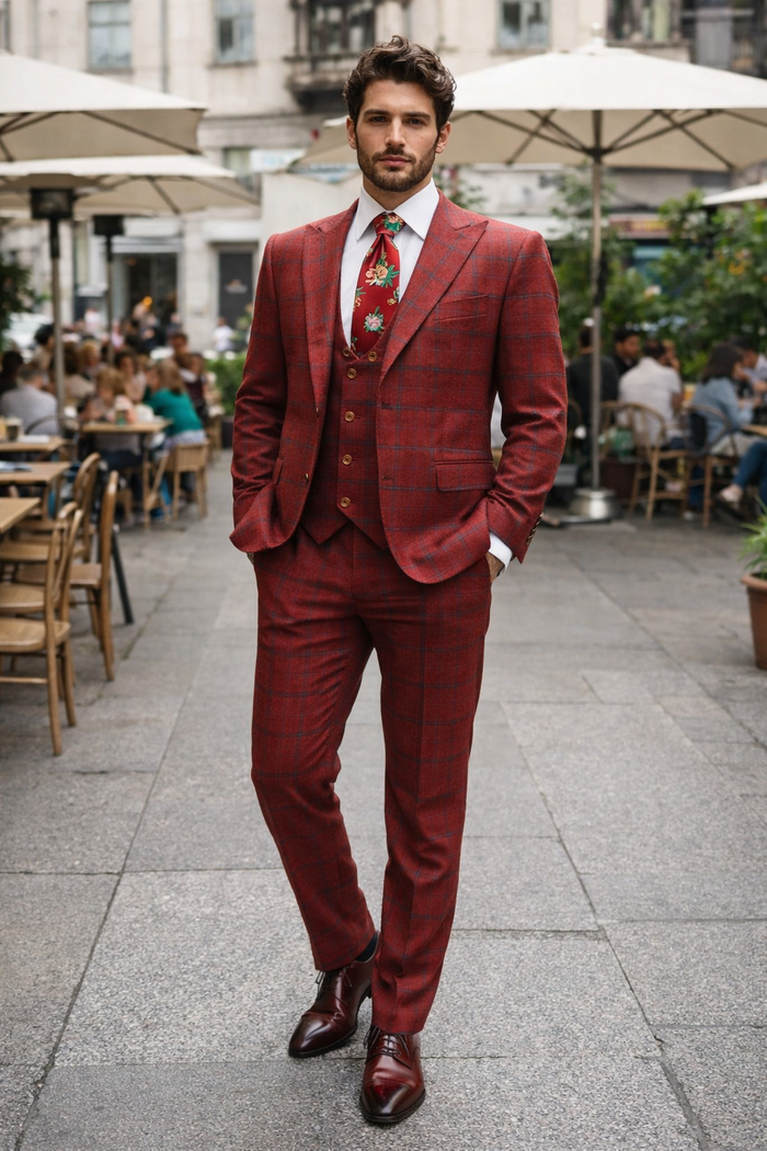 Rossiman Red & Blue Windowpane Double-Breasted Suit