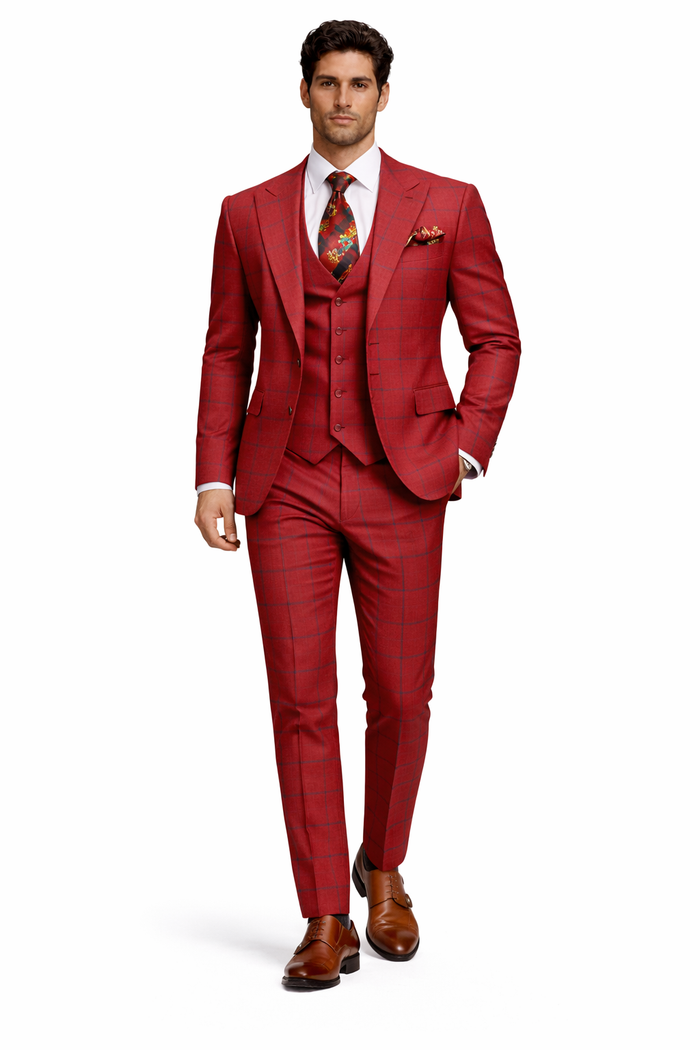 Rossiman Red & Blue Windowpane Double-Breasted Suit